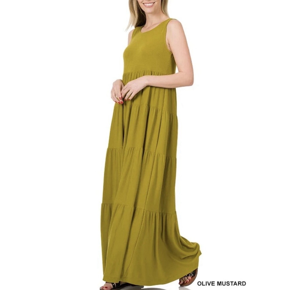 Zenana Tiered Maxi Dress XL Mustard Olive Jersey Sleeveless Boho Beach Peasant